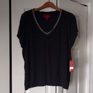 Jennifer Lopez Black V-Neck Tee with Silver Trim